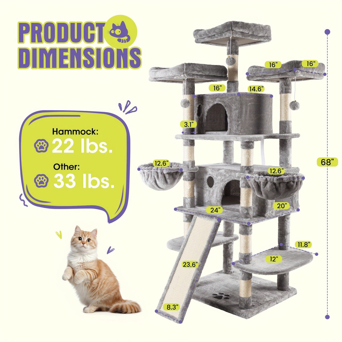 Cat Furniture with Sisal Scratching Posts, Plush Perches, Hammock, Basket & Corner Condo Cave, Hanging Toys & Climbing Ramp, Multiple Sizes & Colors | Cat Tree - product image 6