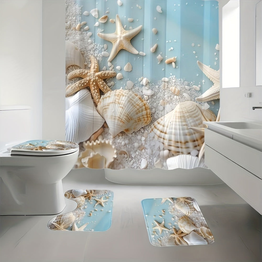 Shower Curtain Set Sea Star Shell Design Polyester with 12 Hooks Non-Slip Bath Mat U-Shaped Toilet Pad Lid Cover Bathroom Decor Set - product image 4