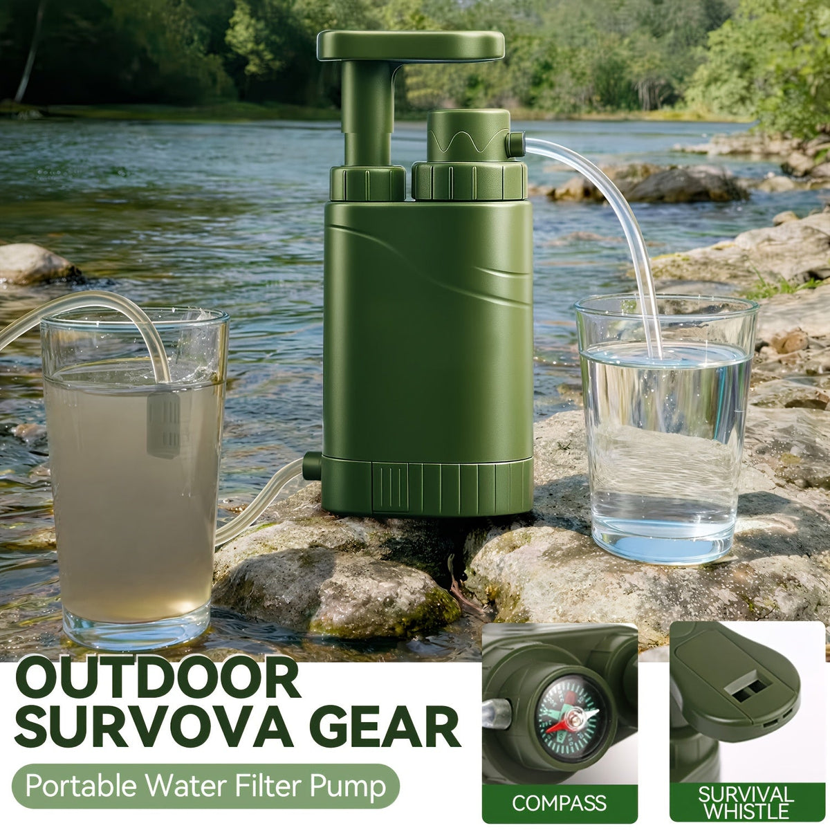 Portable Water Filter Pump for Camping & Hiking – 0.01 Micron 4-Stage Filtration, Replaceable Carbon Filter, ABS Material, Survival Water Purifier for Backpacking, Emergency & Outdoor Adventures