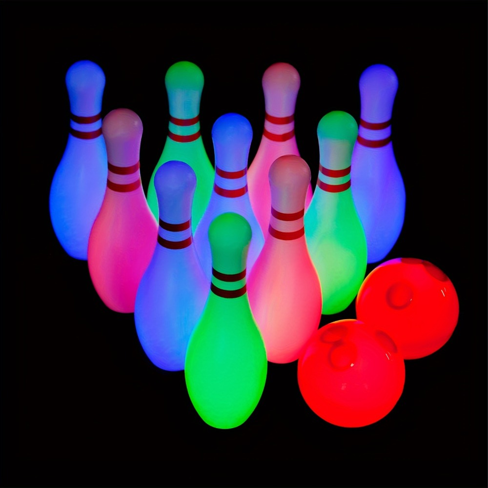 Kids Glow Bowling Set 12 Piece Light-Up Pins & Balls 10 Pins 2 Balls 7.87 Inch Indoor Outdoor Toddler Game Active Play Birthday Gift Boys Girls Ages 3+ for - product image