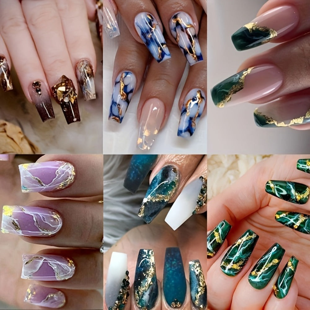 Coffin Nails 144 Pieces 6 Packs Medium Blue Marble Sequins Glossy Press On Nails – Full Cover Acrylic Fake Nails with Nail Glue Included Nude & Blue False Nails for Women Girls - product image
