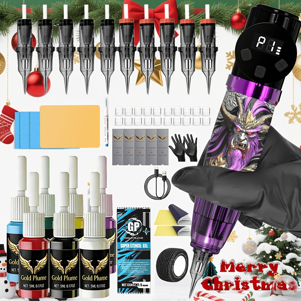 Tattoo Gun Kit Complete Set GOLDPLUME Cordless Rotary Machine 1500mAh Power Supply 10 Needles 7 Inks Full Supplies for Beginners & Professional Artists - product image