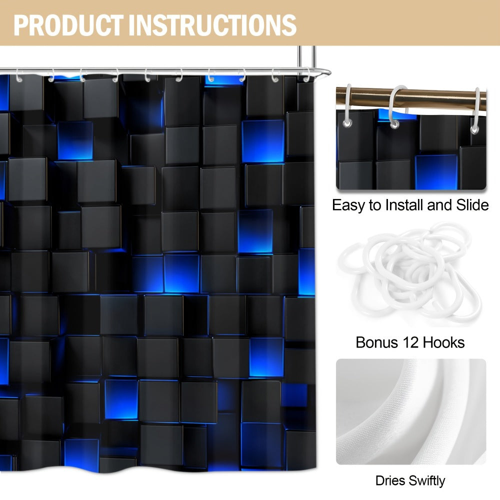 Shower Curtain Set with 12 Hooks & Toilet Seat Cover, 4-Piece Bathroom Set Dark Blue Geometric Abstract Cube Pattern, Modern Waterproof Bath Curtain Set for Bathroom Decor - product image 7