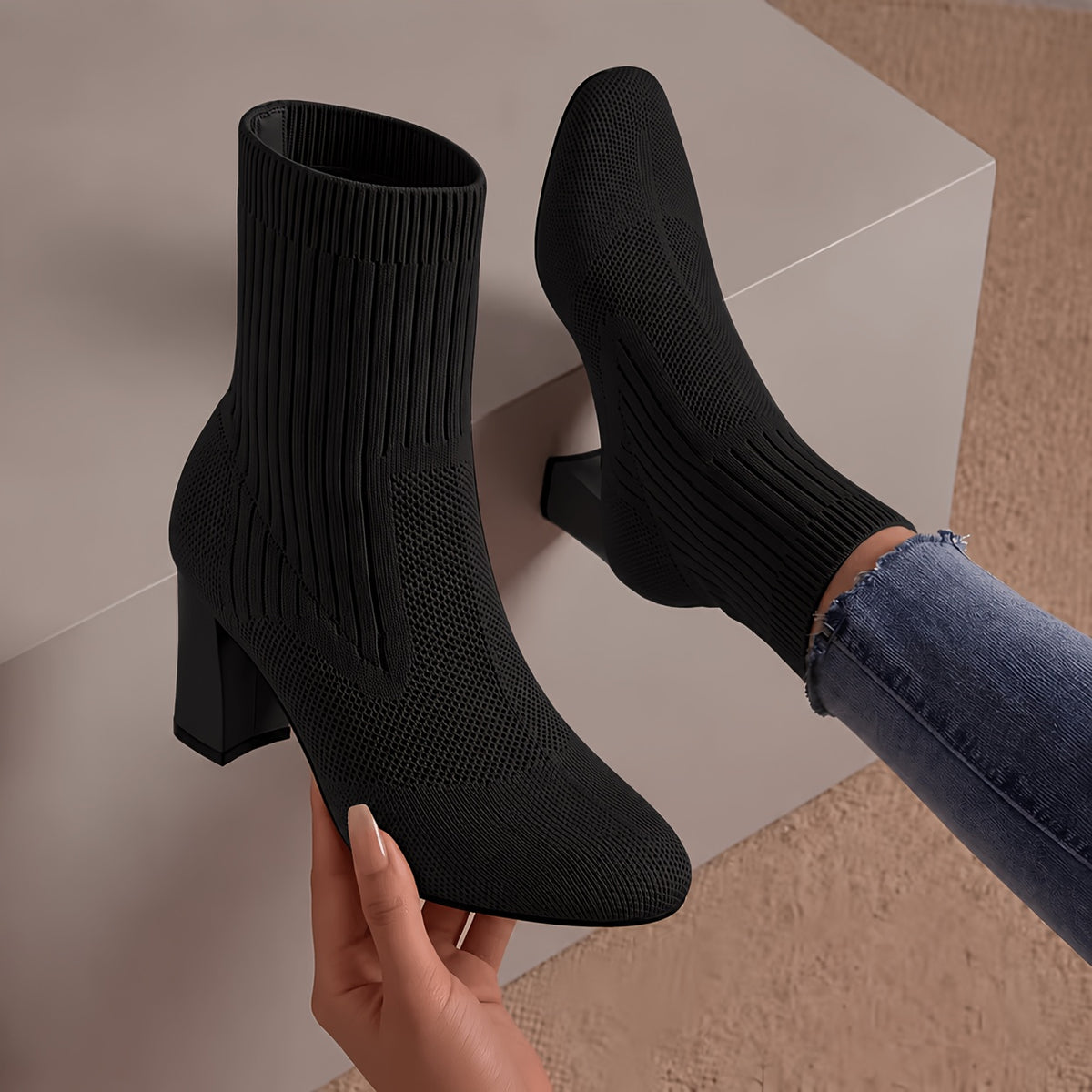 Women's Knit Sock Ankle Boots, Pointed Toes Flatter Feet, Square Toe Chunky Heel Fashion Booties, Comfortable Casual Dress Shoes for Women, Women's Shoes - product image 2