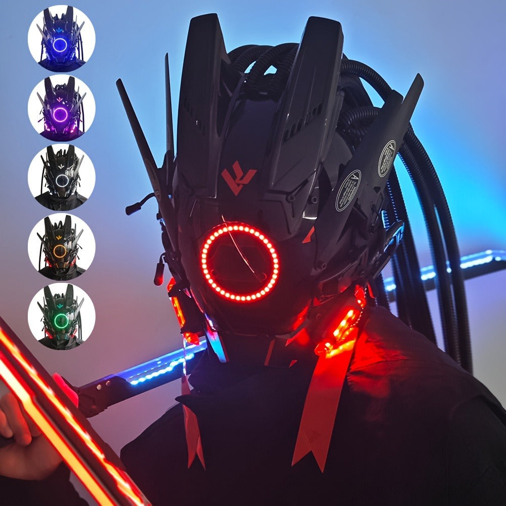 LED Punk Mask with Tubular Braids & Helmet | Futuristic Sci-Fi Mechanical Cosplay Mask for Halloween, Rave Music Festival & Party, Blue Green Pink, Handmade - product image