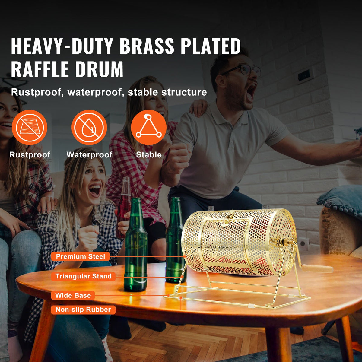 Brass Plated Metal Lottery Ticket Drum with Wooden Handle, Holds 2500 Tickets or 100 Ping Pong Balls, for Bingo Ballot Party Events Fundraisers Trade Shows – Raffle Drum Spinning Cage 12 Inch