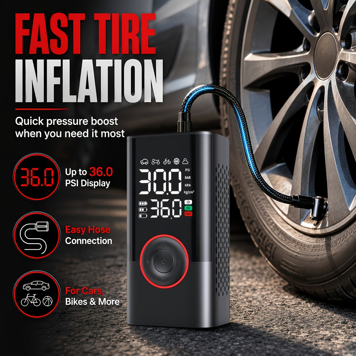 Portable Tire Inflator Air Compressor, Cordless Electric Bike Pump, Portable Tire Inflator with LCD Pressure Gauge and LED Light, Ideal for Cars, Bicycles - product image 2