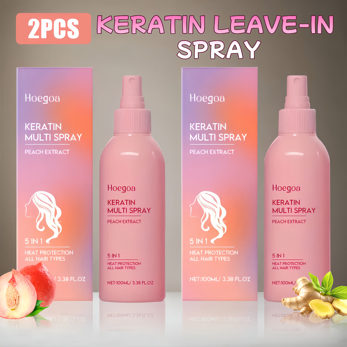 Leave-In Conditioner Spray 2 Pack — Fruity Peach Scent No-Rinse Hydrating Hair Spray with Heat Protection, Moisturizing Fluffy Styling, Glycerin Formula for Normal Hair Women - product image 11
