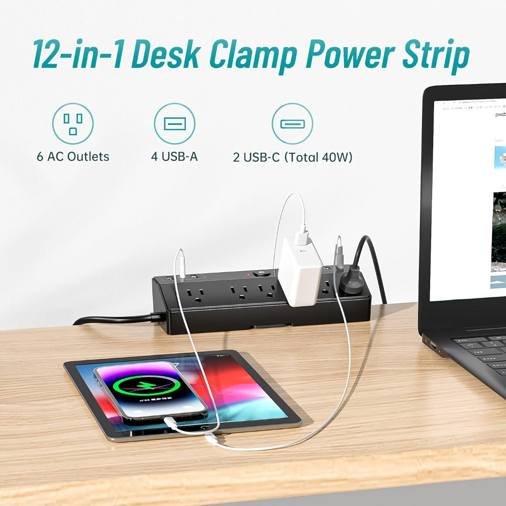 Desk Clamp Power Strip 12-in-1 Surge Protector with 6 Outlets 4 USB-A 2 USB-C PD 20W 40W Fast Charging Desktop Mount Flat Plug for Home Office Tabletop - product image 7