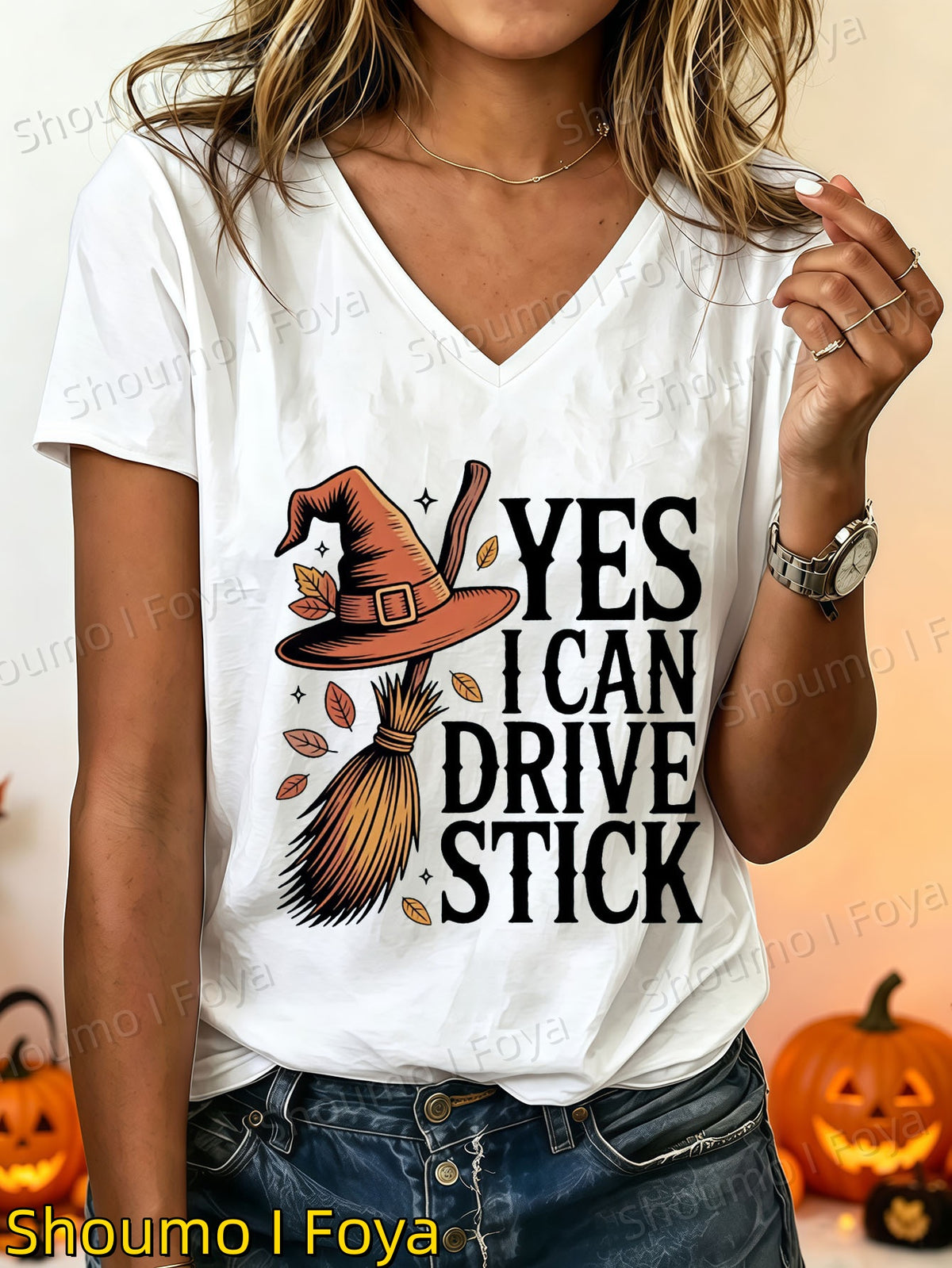 Halloween-themed Printed V-neck Short-sleeve Top, Witch Hat and Broom Print V-neck Short-sleeve Top, Women's Summer Clothing, Women's V-neck Top, Women's - product image 18