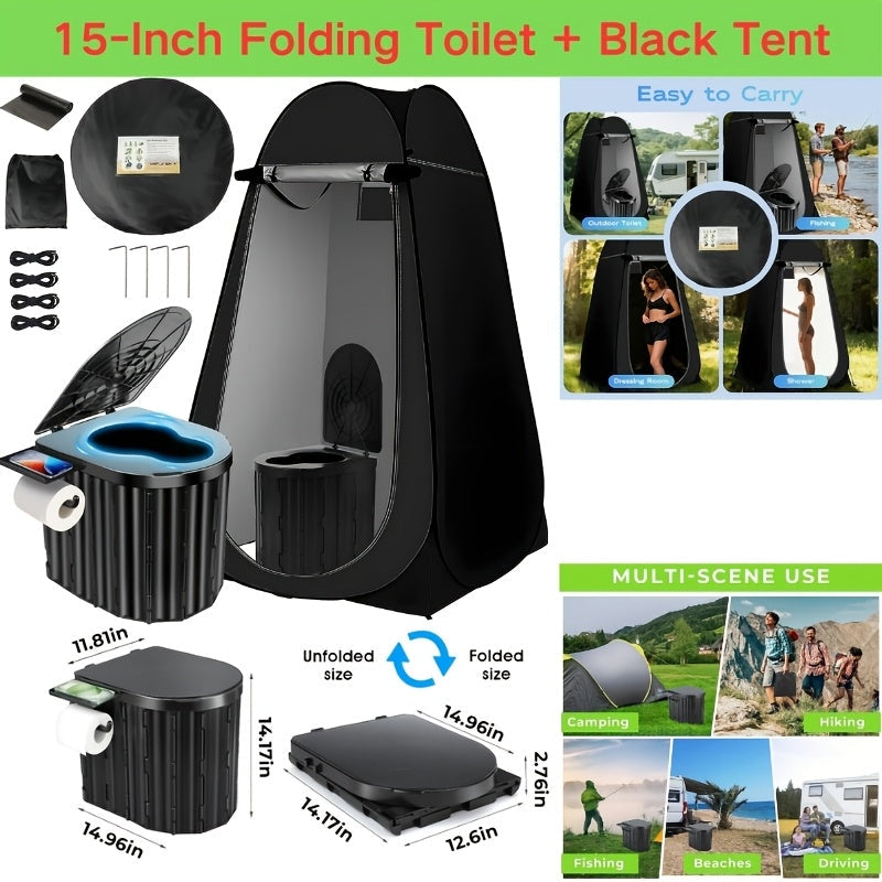 Pop-Up Privacy Tent with Carry-along Camping Toilet for Adults | Ground Stakes & Windproof Ropes for Camping | Foldable Outdoor Shower Changing Potty Tent Kit with 12 Toilet Bags | Hiking | Travel & Picnics
