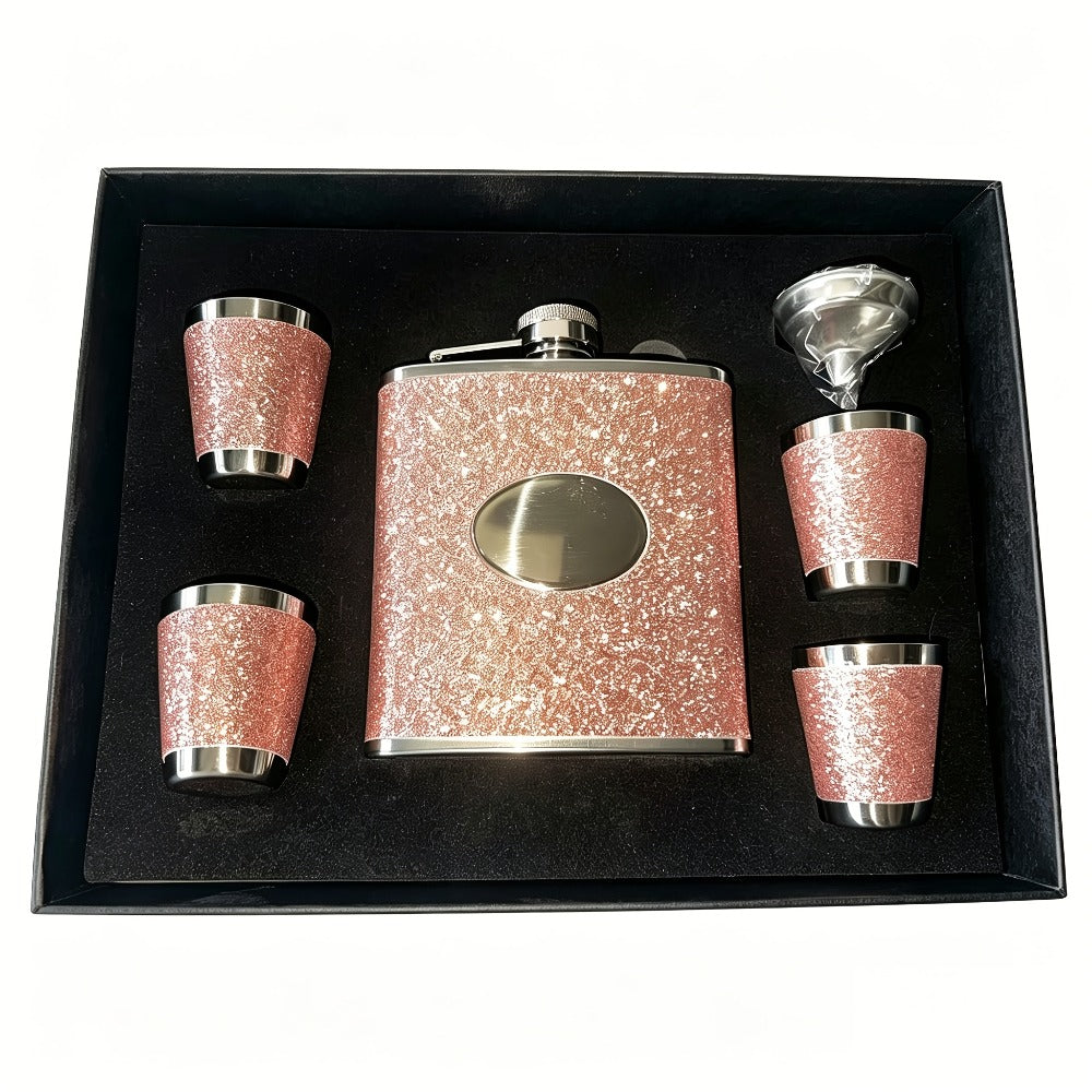 Flask Set for Women 6oz Leather Wrapped Stainless Steel Hip Flask Gift Set with 4 Cups and Funnel Pink Orange Blue Holiday Christmas Valentine Gift for Girlfriend Mom - product image 3