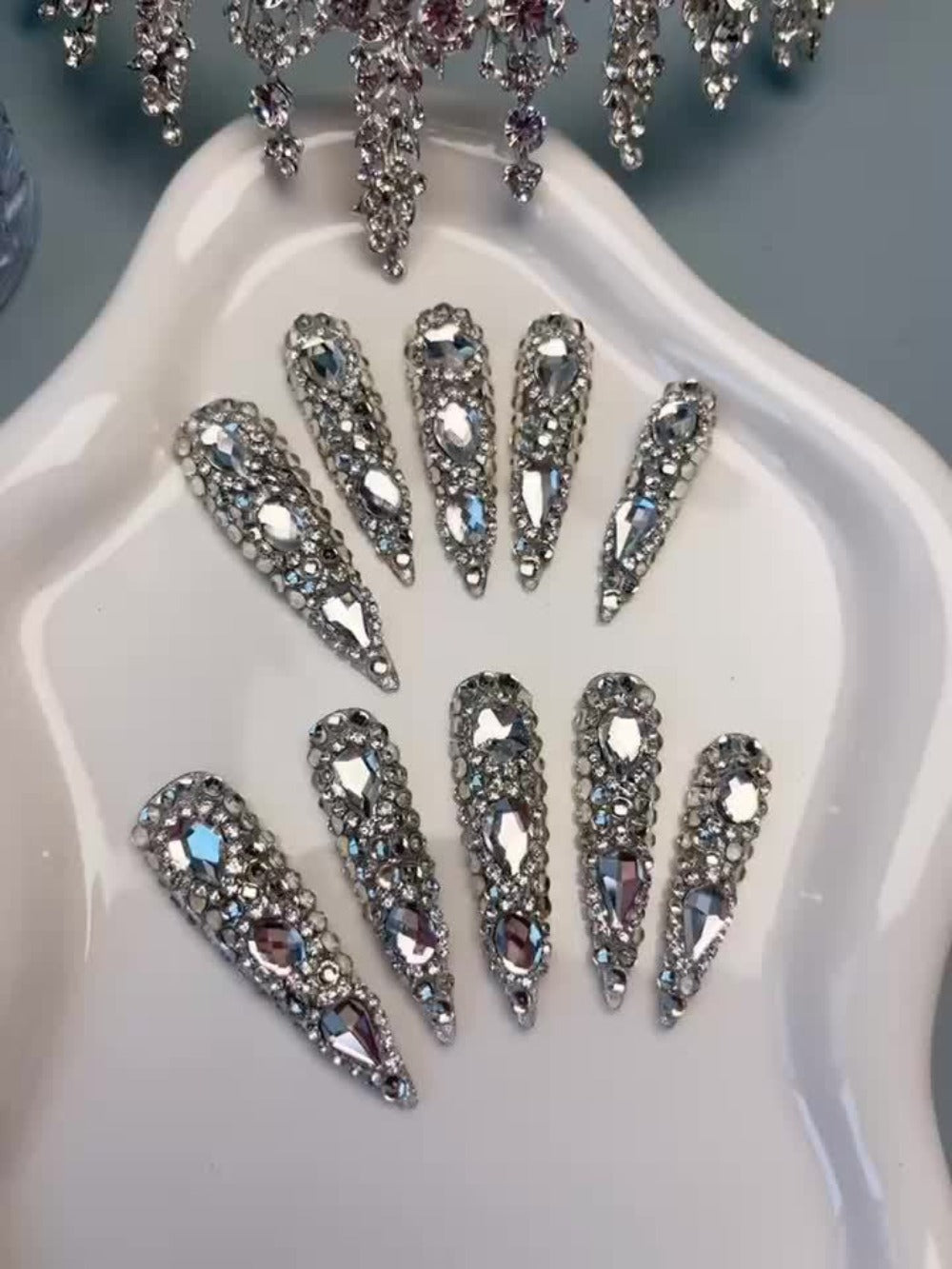 Rhinestone Press On Nails Kit 10pcs Extra Long Almond – Handmade Y2K Silvery Glam Fake Nails with Nail Tools, Stickers & Charms for Women, Party, Christmas, DIY Salon Nail Art Set - product image 9