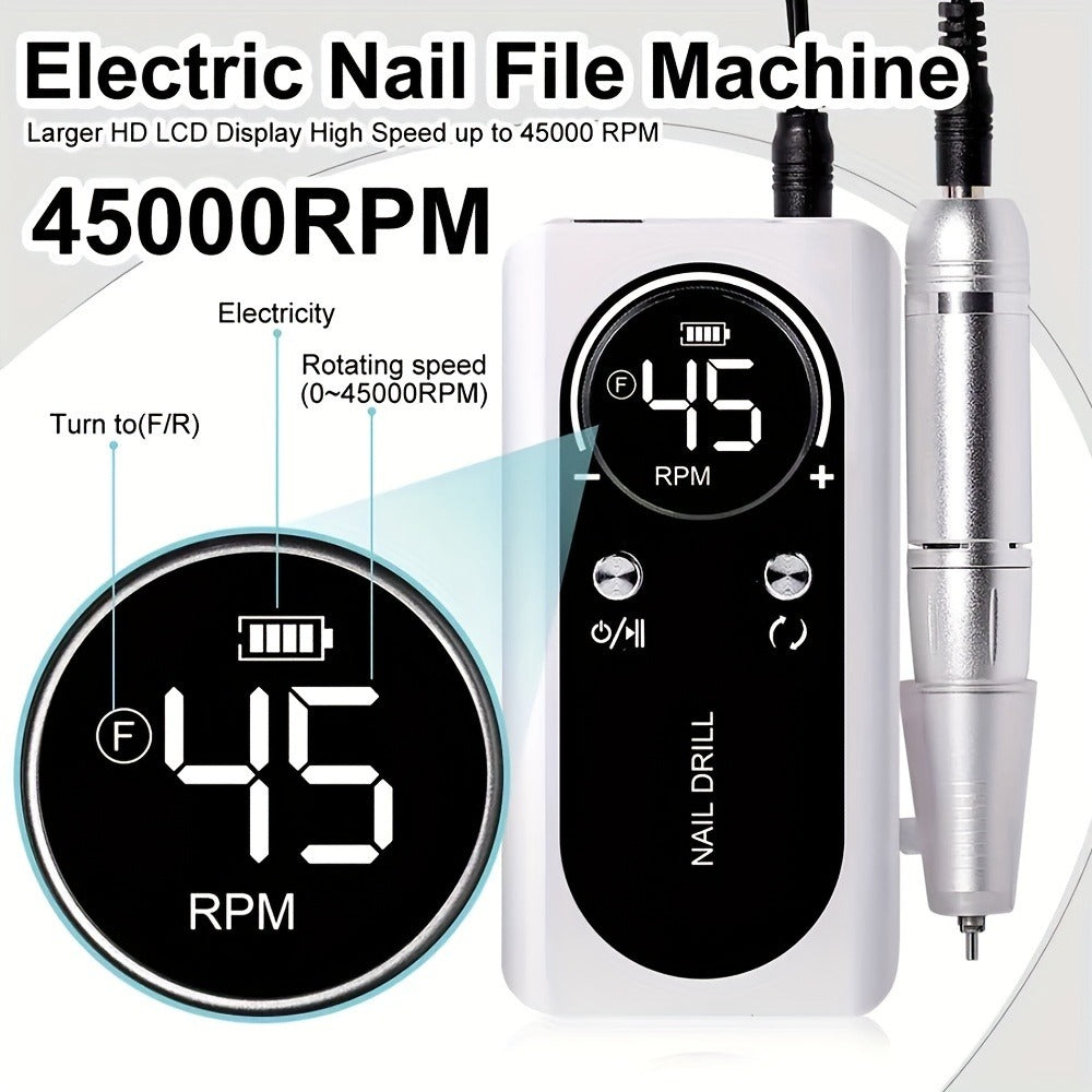 Nail Drill Machine 45000 RPM Brushless Motor 10-Hour Battery Electric Nail File with LCD Smart Screen 6 Drill Bits 6 Sanding Bands – Forward Reverse Low Noise Nail Grinder for Gel  - product image 10