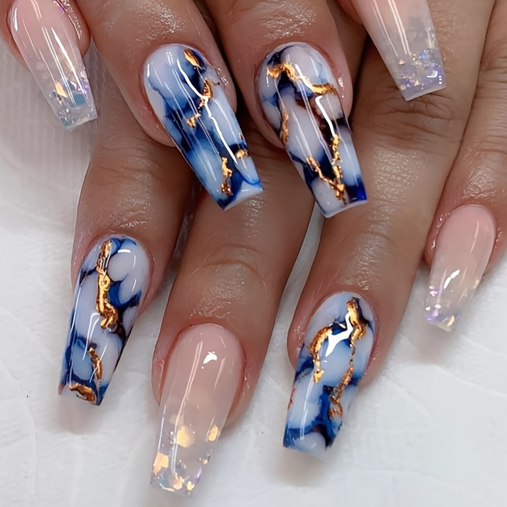 Coffin Nails 144 Pieces 6 Packs Medium Blue Marble Sequins Glossy Press On Nails – Full Cover Acrylic Fake Nails with Nail Glue Included Nude & Blue False Nails for Women Girls - product image 6