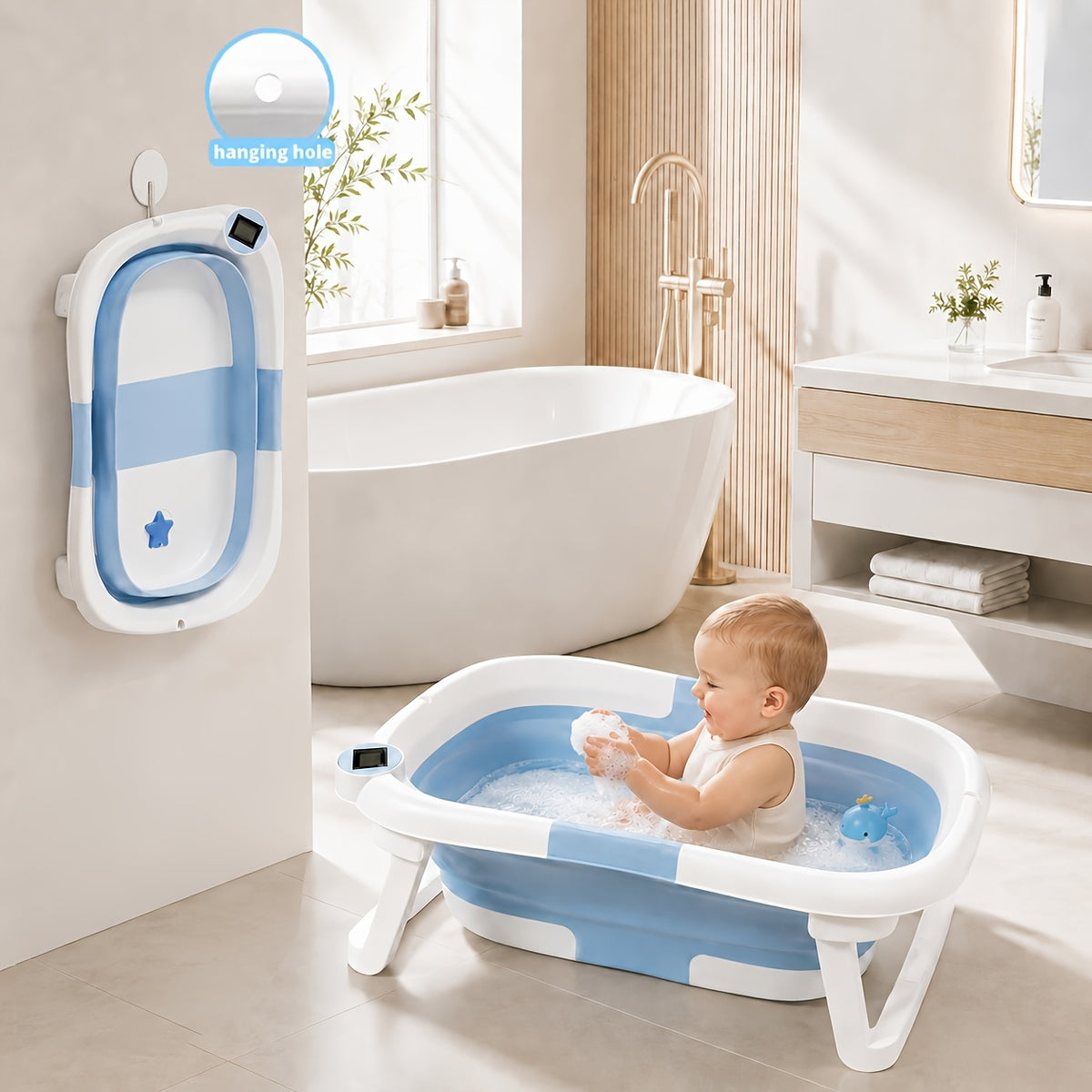 Foldable Baby Bathtub, Baby Tub with Soft Cushion and Thermometer, Portable Travel Baby Bathtub