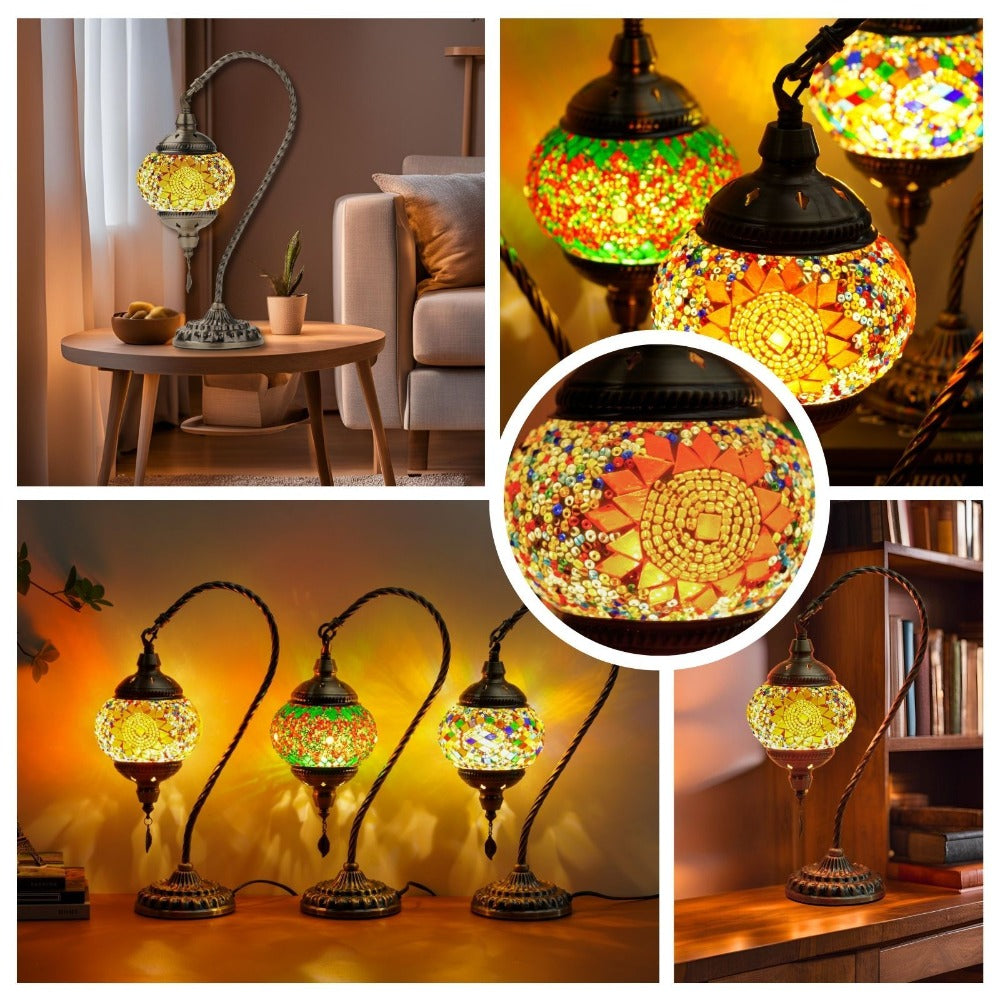 Mosaic Table Lamp Turkish Moroccan Style Handmade Swan Neck Glass Bedside Lamp 3 Color Modes LED Bulb Included Metal Base for Bedroom Living Room - product image 14