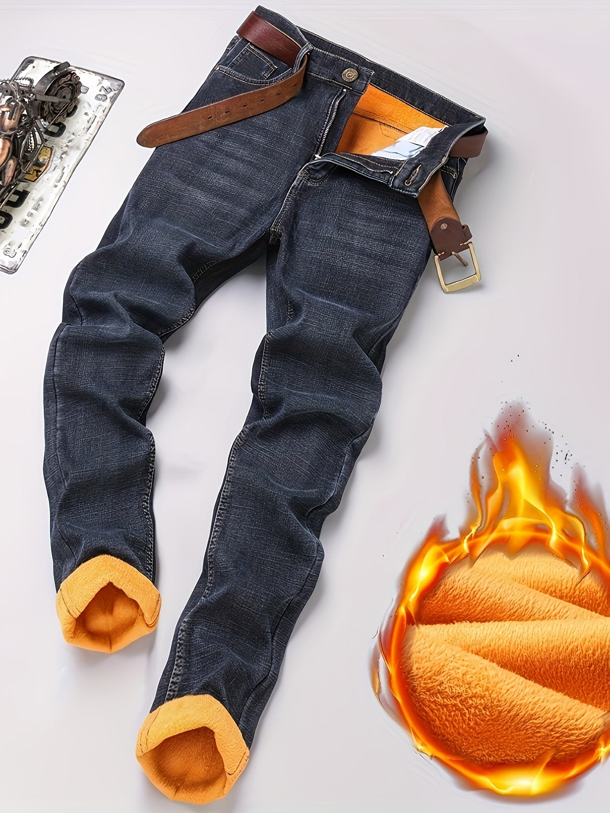 Men's High-Waisted Straight-Leg Winter Jeans - Thickened -Lined Warmth, Washed Denim Texture, Solid Blue Casual Pants for Cold Weather, Cold Weather Apparel - product image 5