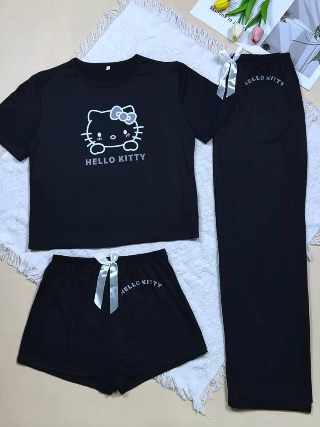 3pcs Set Top+ Pants +Shorts Sanrio Hello Kitty Women's Pajamas Set, Cartoon Pattern Cute Women's Pajamas, Round Neck Long-sleeved Top with Bow, Fabric, Comfortable Pajamas Suitable for Spring