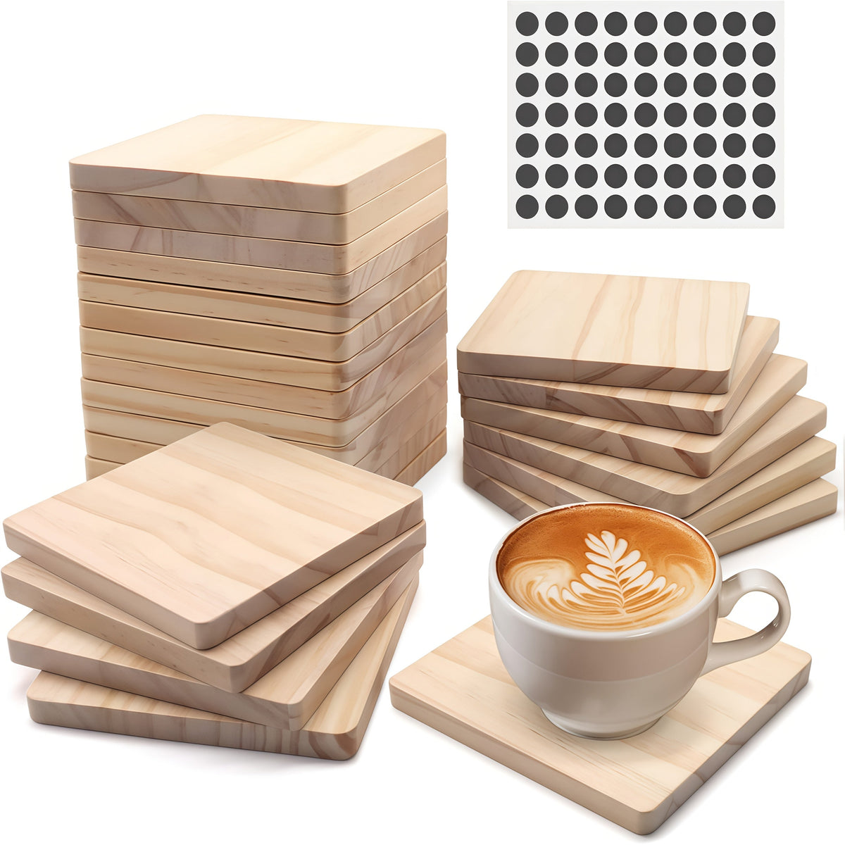 Unfinished Wood Coaster Blanks 4 Inch Round Square DIY Craft Supplies for Painting Engraving Burning with Non-Slip Felt Stickers Handmade Gift Home Decor Christmas Halloween Weddin - product image 17