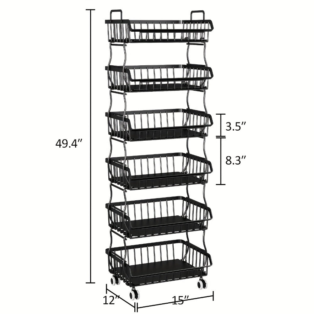 6-Tier Stackable Metal Wire Storage Basket Organizer with Wheels - Rolling Kitchen Pantry Rack for Fruits Vegetables Utensils, Space-Saving Open Shelf - product image 2