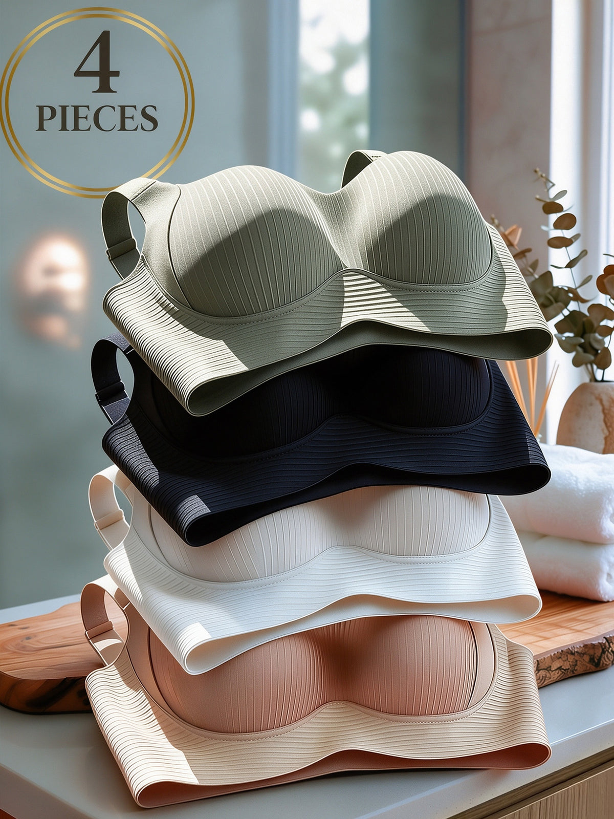 4pcs Women's Wireless Push Up Bralette - Wire-Free Back Smoothing Seamless Bras with Wide Adjustable Straps, Soft Breathable Non-Detachable Cups Suitable for - product image