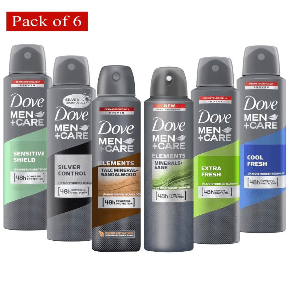 Dove Men+Care Dry Spray Antiperspirant Deodorant Pack of 6 – 150mL Each (5 fl oz), 48H Protection, Alcohol-Free, Assorted Scents, Total 30 fl oz - product image