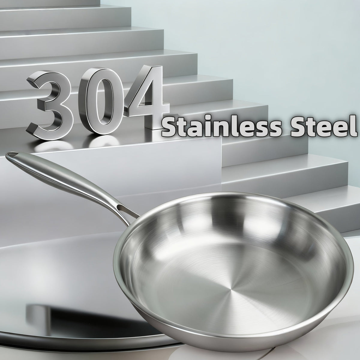 304 Stainless Steel Frying Pan Skillet | 3-Ply Base Even Heat Distribution, Induction & Gas Compatible, Rivet-Free Interior, Healthy Non-Toxic Cooking Cookware for Home Kitchen