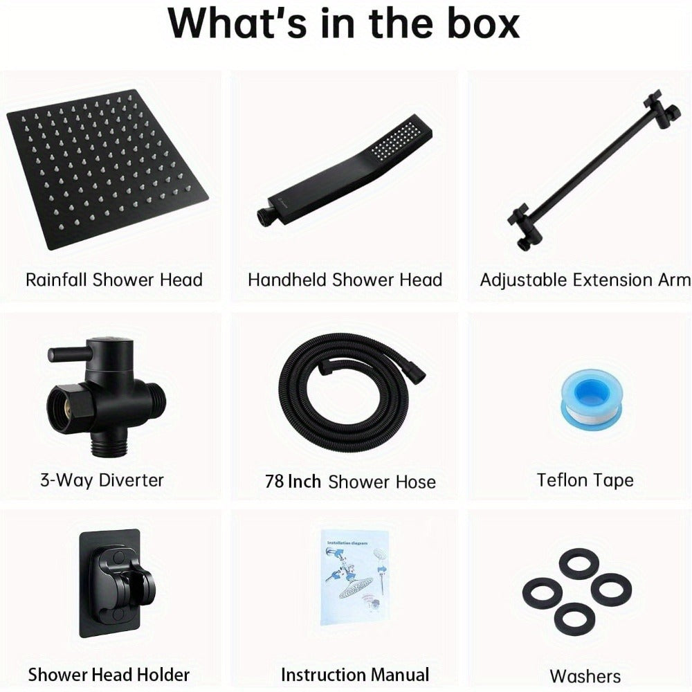 High Pressure Rainfall Shower Head Handheld Combo 4-Spray Modes 10 12 Inch Adjustable Extension Arm 78-Inch Hose Adhesive Holder Wall Mount Chrome Black Bathroom - product image 6