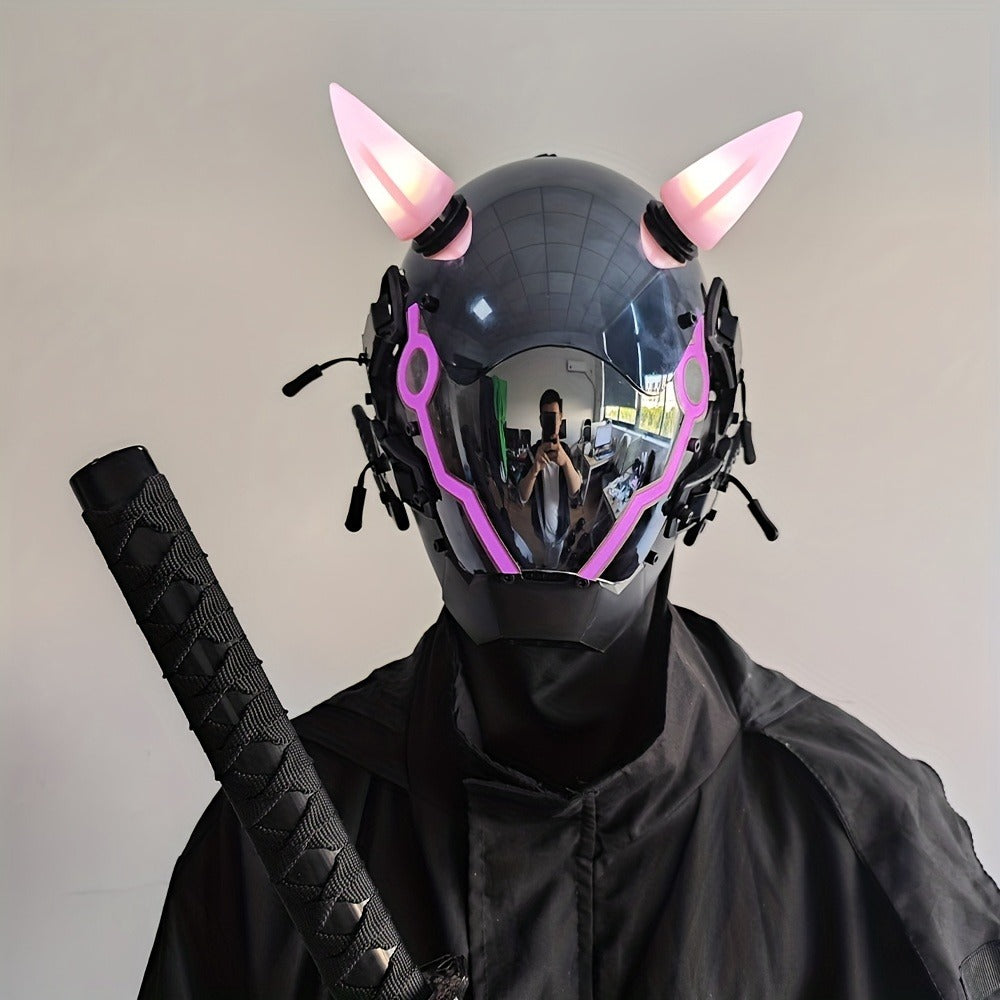 Battery-Powered LED Full Face Mask for Halloween, Christmas, Easter, Rave Music Festival & Party, Unisex Adult Costume Prop, Cool Gift for Men & Women | Electric Pink Punk Cosplay Mask with Helmet