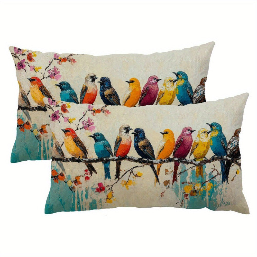 Lumbar Pillow Covers 12x20 Inch Watercolor Bird Pattern - Decorative Linen Throw Pillow Cases Cute Nature Print Zipper Closure | 1pc or 2pcs | Bedroom Living Room Sofa Couch Cushio - product image