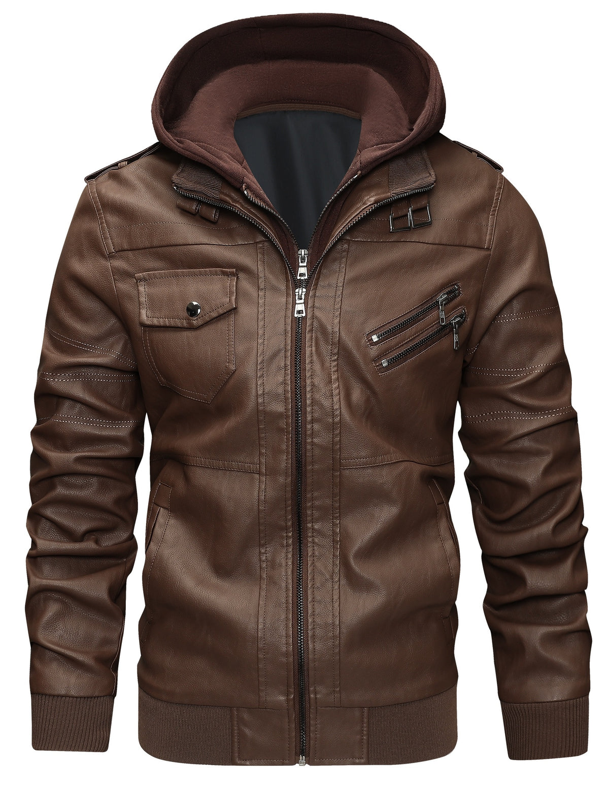 Men's High Quality Windproof PU Motorcycle Bomber Jacket with Removable Hood & Belted Hoodie Suitable for Riding, Winter, Spring, Fall - -Tear Windproof Bomber - product image 9