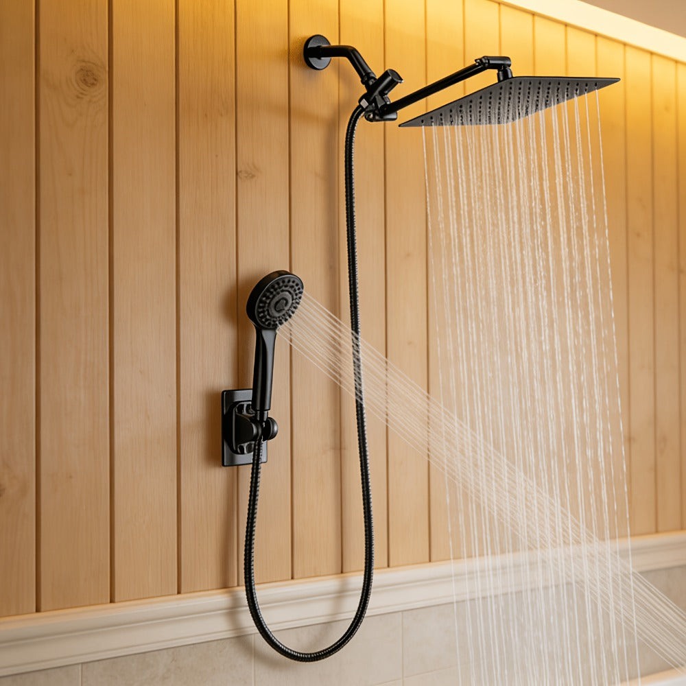 High Pressure Rainfall Shower Head Handheld Combo 4-Spray Modes 10 12 Inch Adjustable Extension Arm 78-Inch Hose Adhesive Holder Wall Mount Chrome Black Bathroom - product image 5