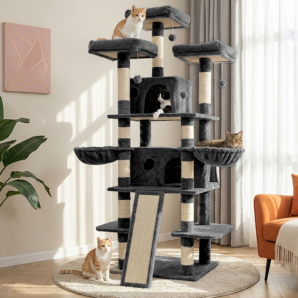 Large Multi-Level Cat Tree Tower – 68 – 81 Inch Tall Cat Condo with 2 Condos, 3 Plush Perches, Scratching Posts & Cat Hair Brush - product image