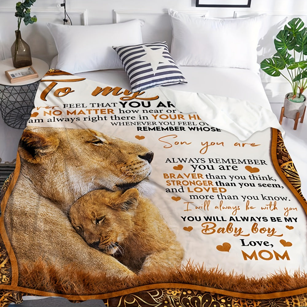 Flannel Throw Blanket with Lion Design & Inspirational Quote - Soft Cozy Knit Polyester, Heartfelt Gift for Son from Mom, Warm Home Decor Blanket - product image 3