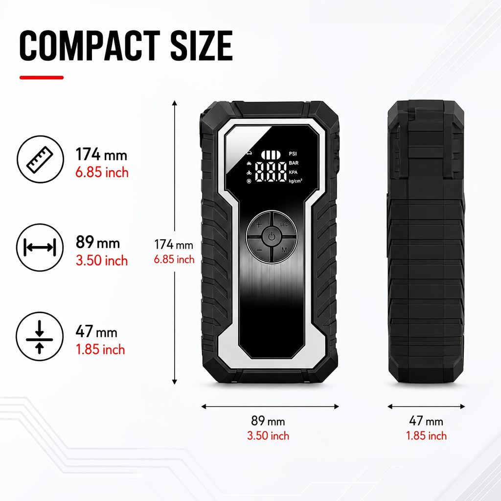 Portable Tire Inflator with Digital Pressure Gauge, Portable Air Compressor, 150PSI/210 PSI, 22 Cylinders, Built-In 12V Car Emergency Jump Starter and Battery - product image 2