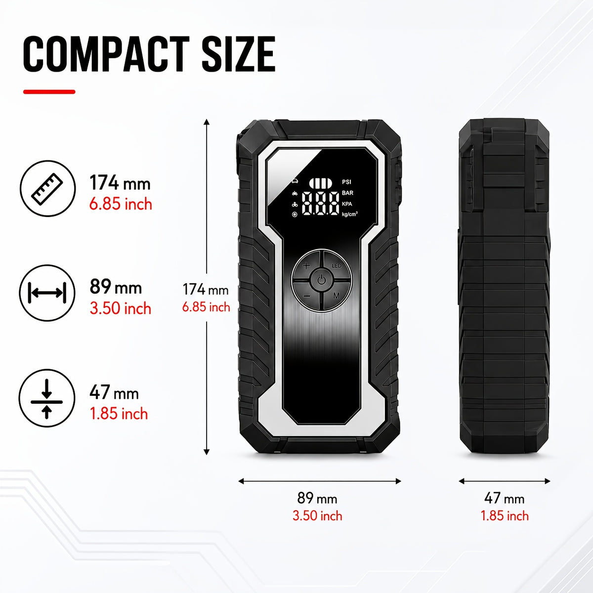 Portable Tire Inflator with Digital Pressure Gauge, Portable Air Compressor, 150PSI/210 PSI, 22 Cylinders, Built-In 12V Car Emergency Jump Starter and Battery - product image 2