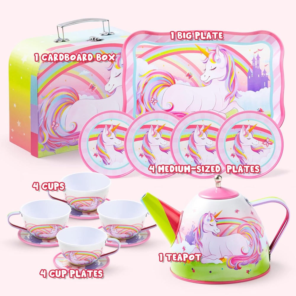 Pretend Play Pink Tin Teapot with Cups, Plates & Carrying Case, Magical Rainbow Design, Birthday Christmas Gift for Kids Ages 3+ | Unicorn Tea Party Set for - product image 9