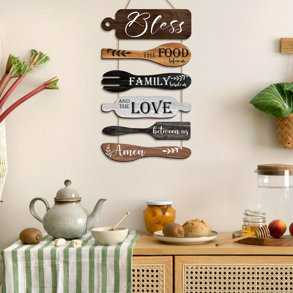 Farmhouse Wall Decor Wood Sign Set - "Bless The Food Before Us" Rustic Kitchen Dining Room Hanging Plaque, 6-Piece Rope Wood Board Art, Housewarming Thanksgiving Gift for Home - product image 5