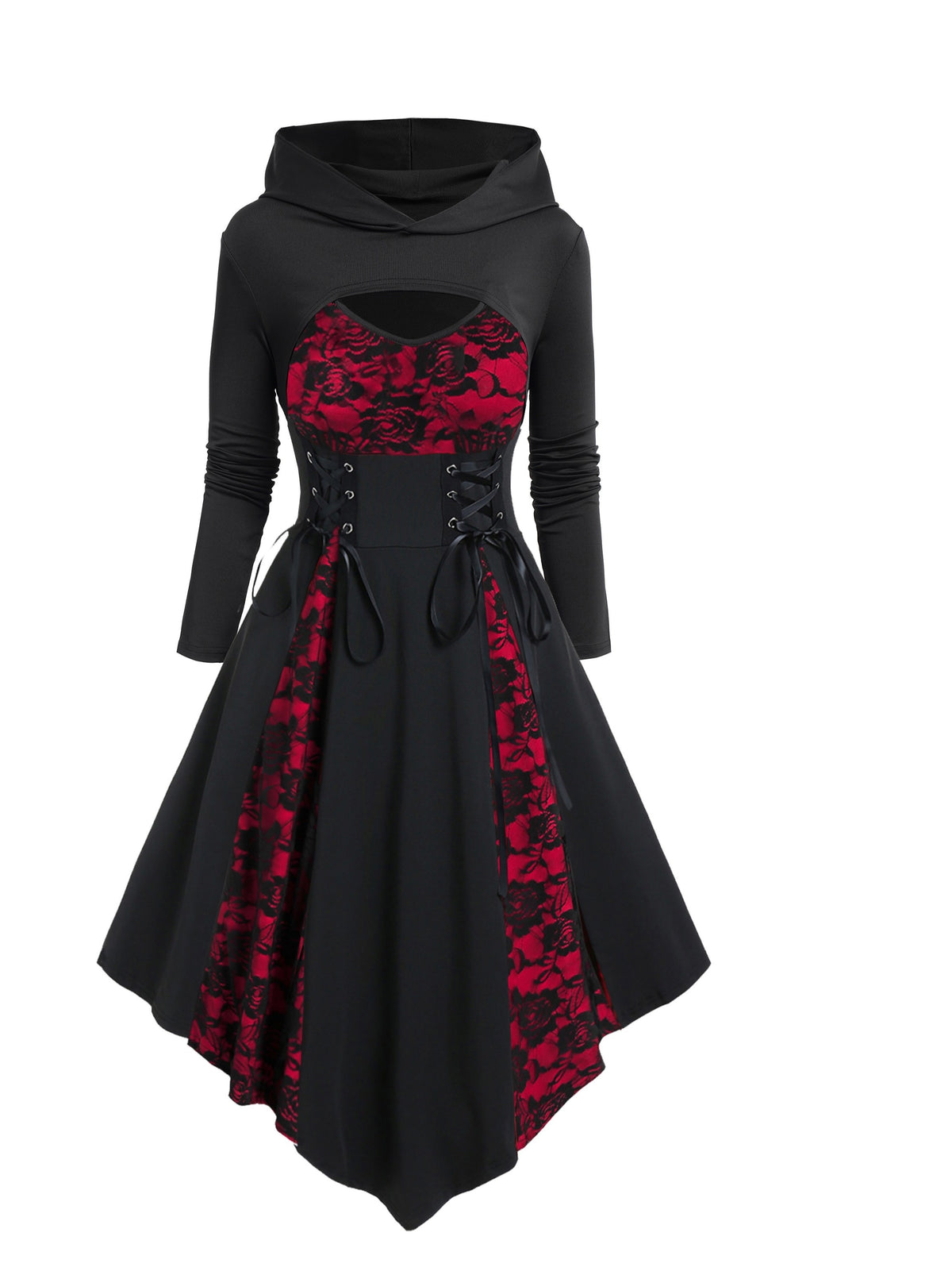 Gothic-Inspired Women's Outfit Set: Rose Lace Contrast Dress with Tie Waist & Long Sleeve Top, Plus Matching Hat - Perfect for Christmas & Casual Parties - product image 2