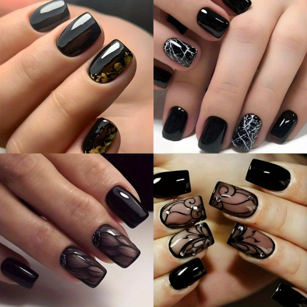 Black Press On Nails Short Square 96 Pieces – Ice Crack Crackle Design Glossy Full Cover Fake Nails for Women Girls | Edgy Alternative Nail Art Kit | Summer Party Concert Festival  - product image 5