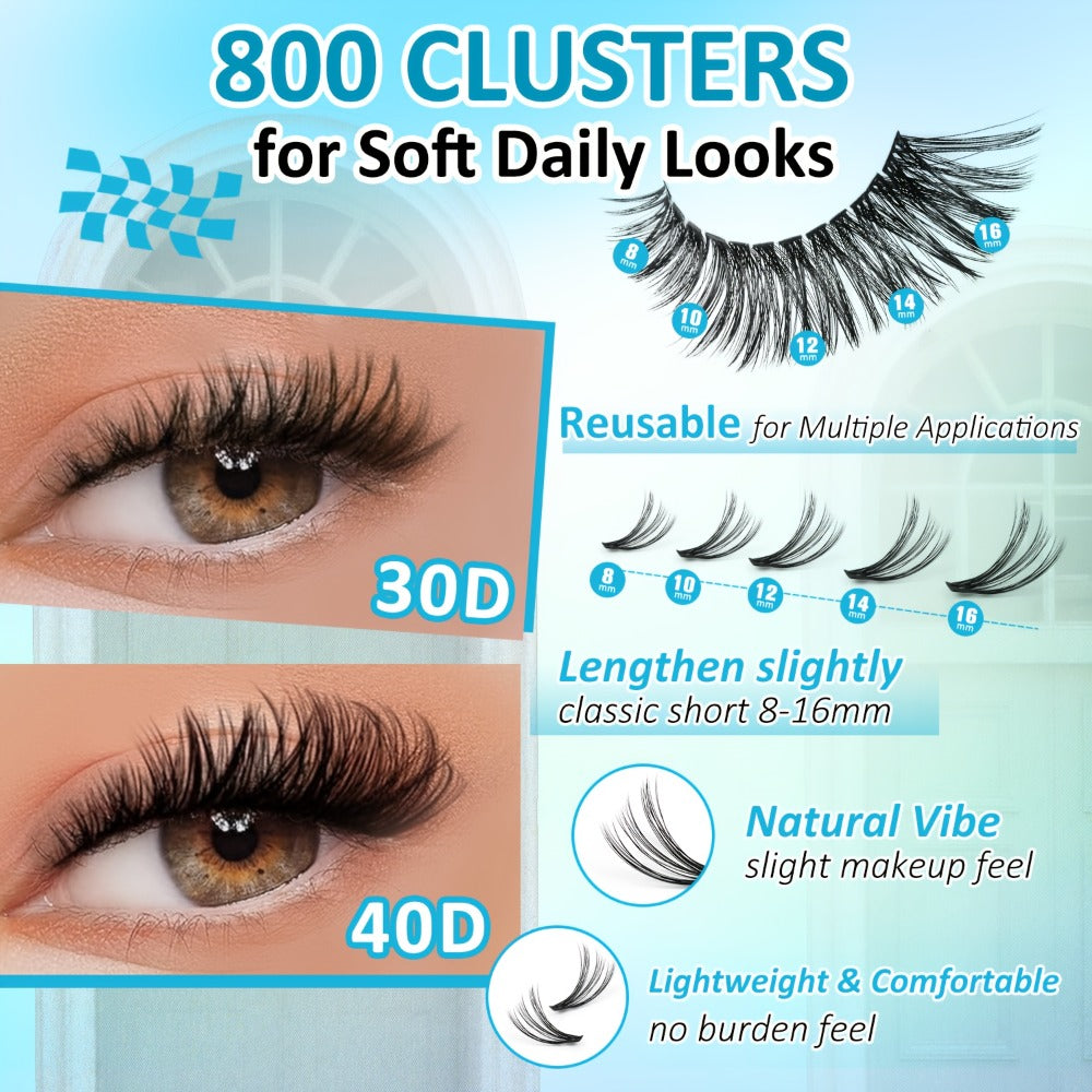 800Pcs Fluffy Wispy Lash Clusters Kit — 30D 40D Mixed Length 8-16mm DIY Eyelash Extensions with 2-in-1 Bond & Seal Glue and Tweezers, Natural Long-Lasting Cluster Lashes for Everyd - product image 6