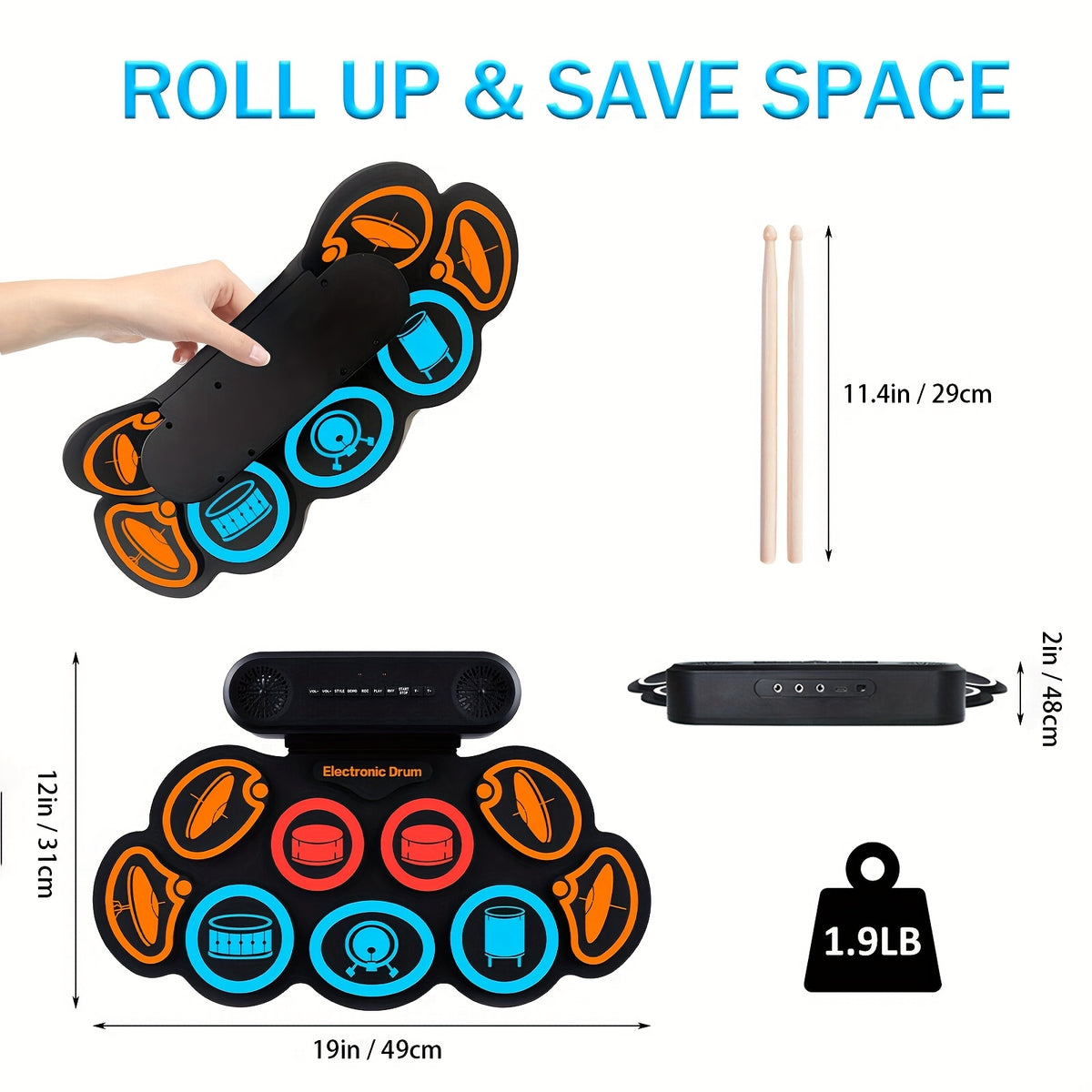 Electronic Drum Set, 9-Pads Roll-Up Electric Drum Pad Kit with Headphone Jack 10Hrs Playtime Built-In Speaker with Drumsticks Pedals, Xmas Birthday Gift for - product image 8