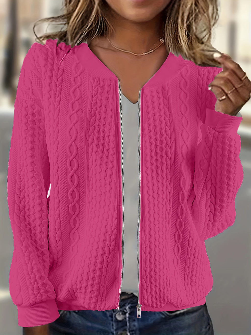 Plus Size, Plus Size Zip Up Textured Solid Jacket, Casual Long Sleeve Outerwear for Fall & Spring, Women's Plus Size Clothing - product image 2