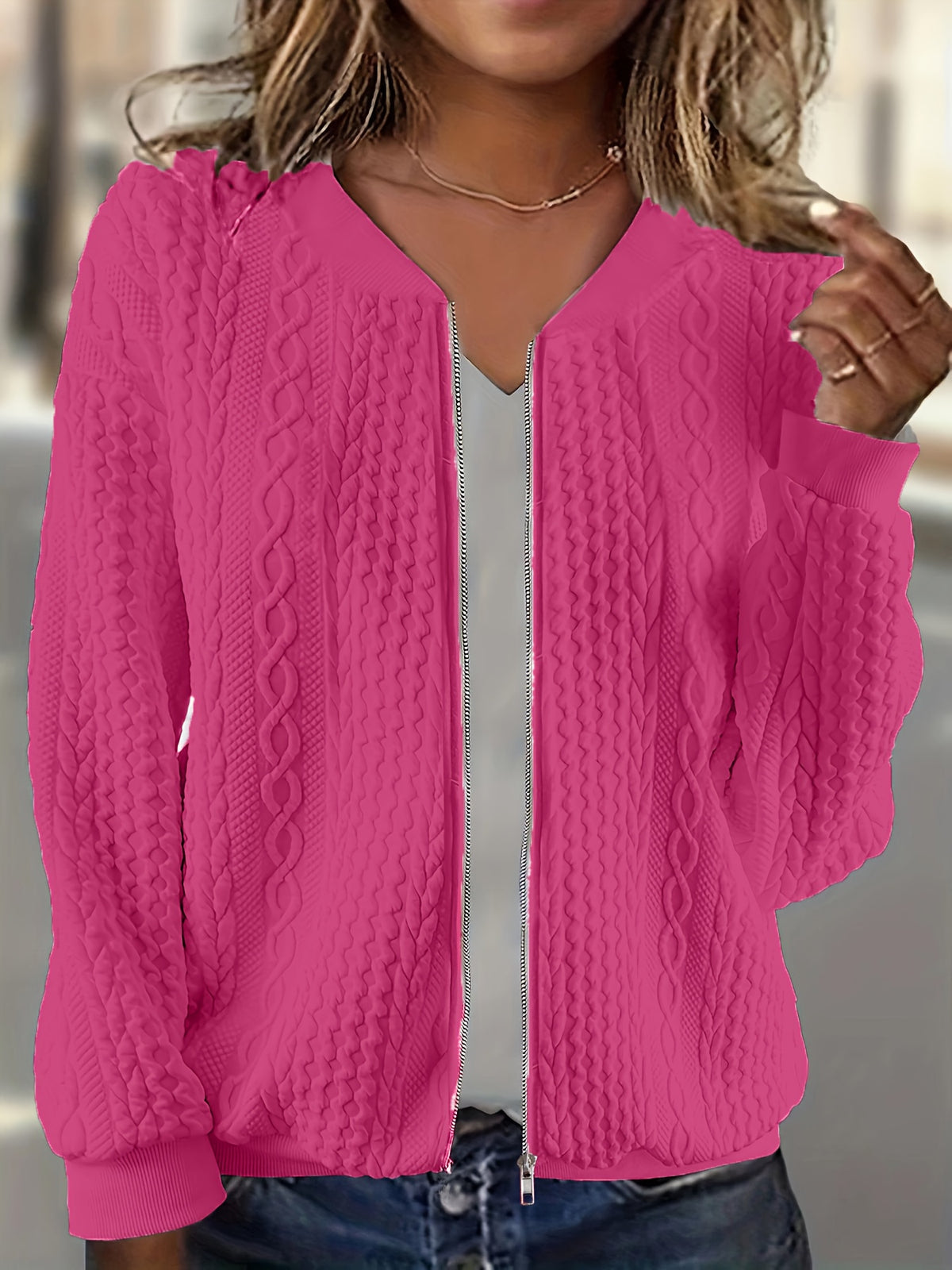 Plus Size, Plus Size Zip Up Textured Solid Jacket, Casual Long Sleeve Outerwear for Fall & Spring, Women's Plus Size Clothing - product image 2