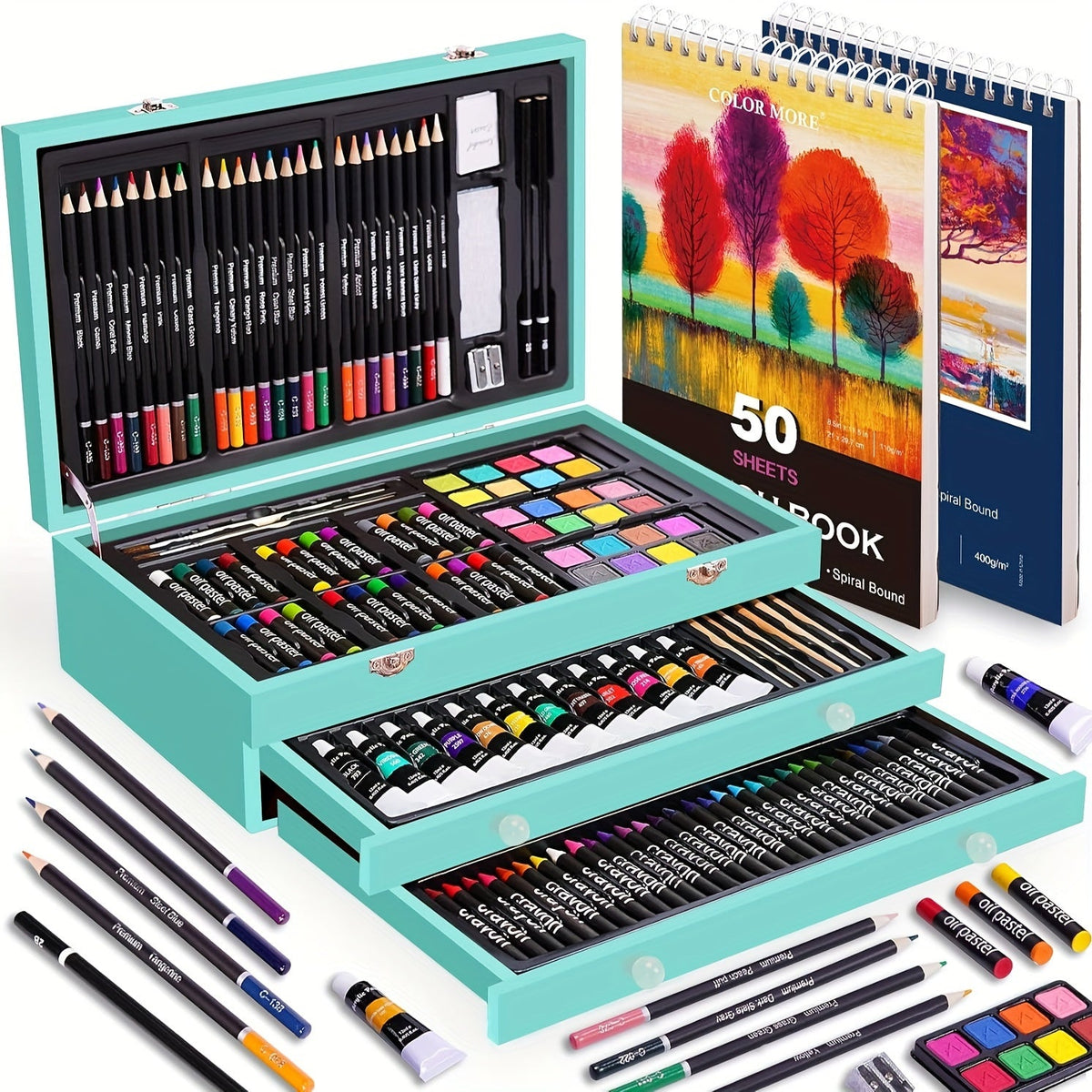 Drawing Pads Crayons Acrylic Paints Colored Pencils Complete Professional Art Kit Gift for Kids Teens Adults Birthday Christmas – 175-Piece Deluxe Art Set in Wooden Case
