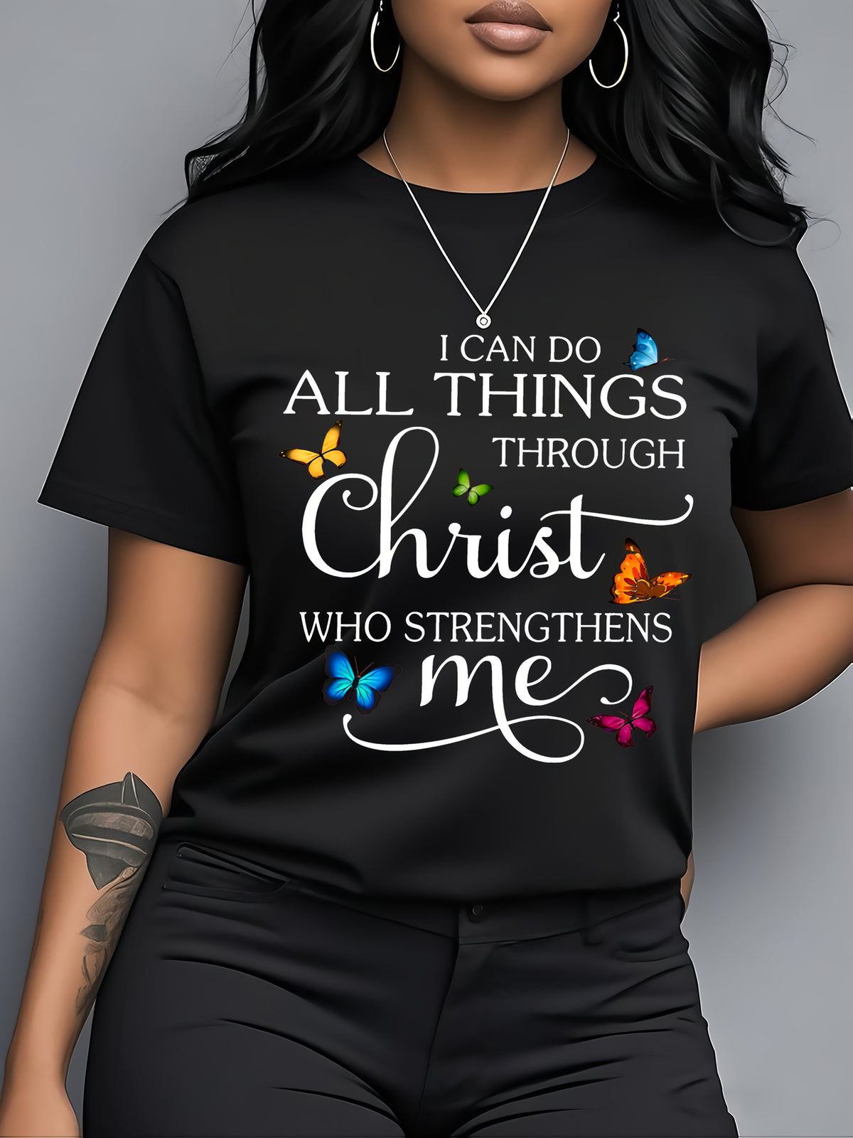 Plus Size Women's T-Shirt "I Can Do All Things Through Christ", with Colorful Print, Pink Top, Machine Washable, Everyday Outfits, Christian Gifts, Durable - product image