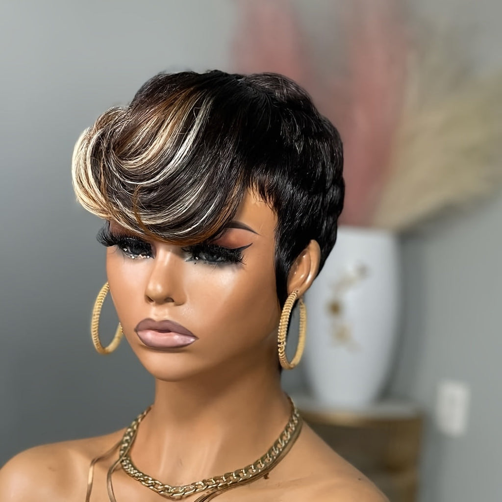 Short Pixie Cut Wig with Bangs Black Blonde Layered 4 Inch Rose Net Cap | Brown Blonde Mix Synthetic Wig for Black Women Daily Wear Office Party - product image 18