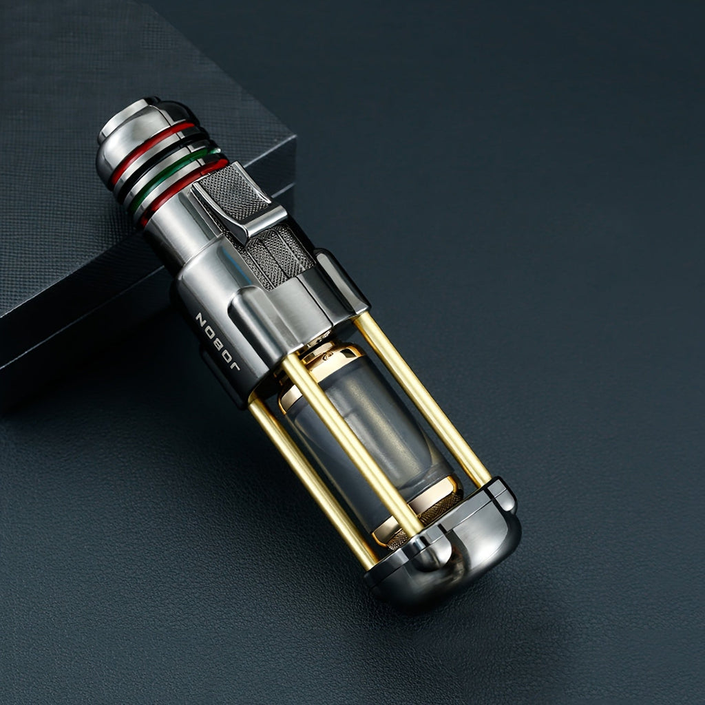 Butane Torch Lighter Windproof Jet Flame Zinc Alloy Refillable – Visible Fuel Tank, Adjustable Blue Flame, Rocket Design for Camping, BBQ, Cigar & Outdoor Use, Grey & Golden (No Bu - product image 12