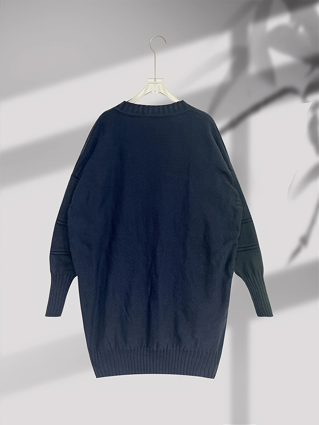 Plus Size, Women's Plus Size Oversized V-Neck Longline Sweater - Soft Machine-Washable Black Pullover for Fall Winter, Elegant Loose Fit Casual Chic Wardrobe - product image 45